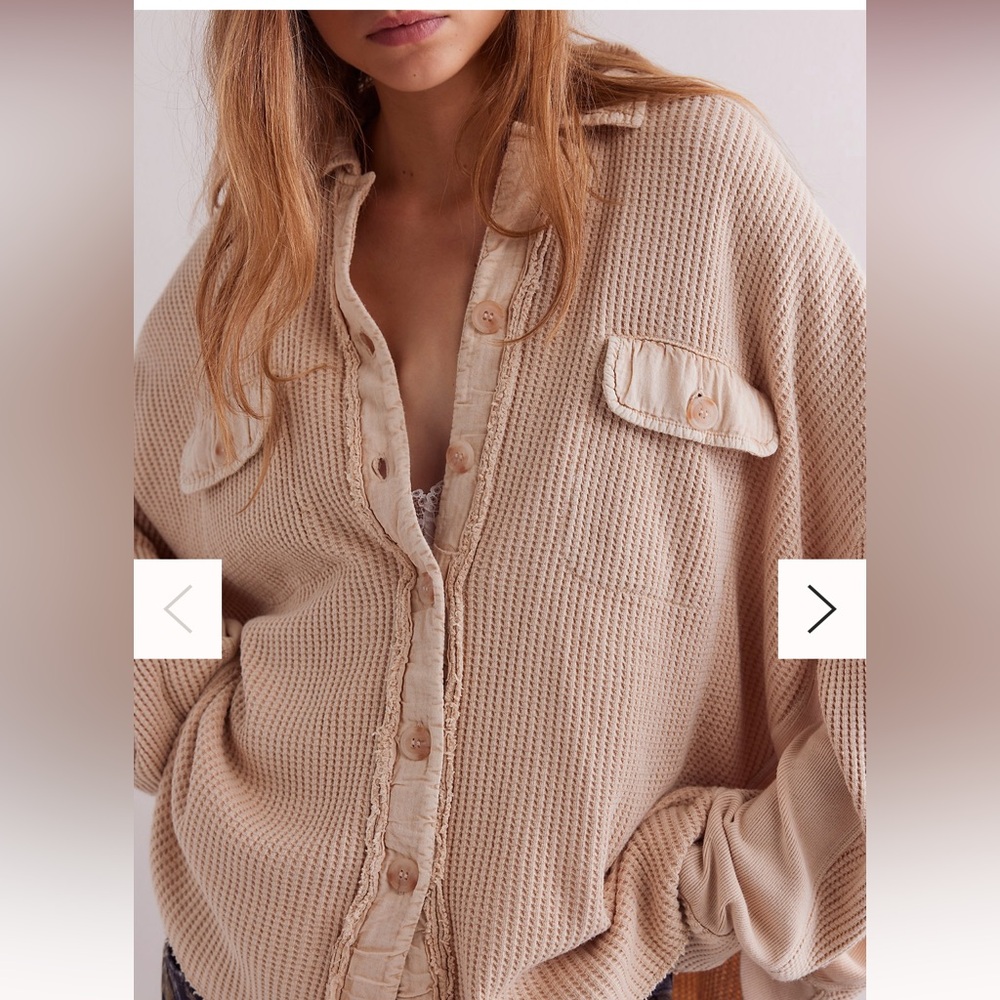 Free People Beige Waffle Knit Button-Up Top